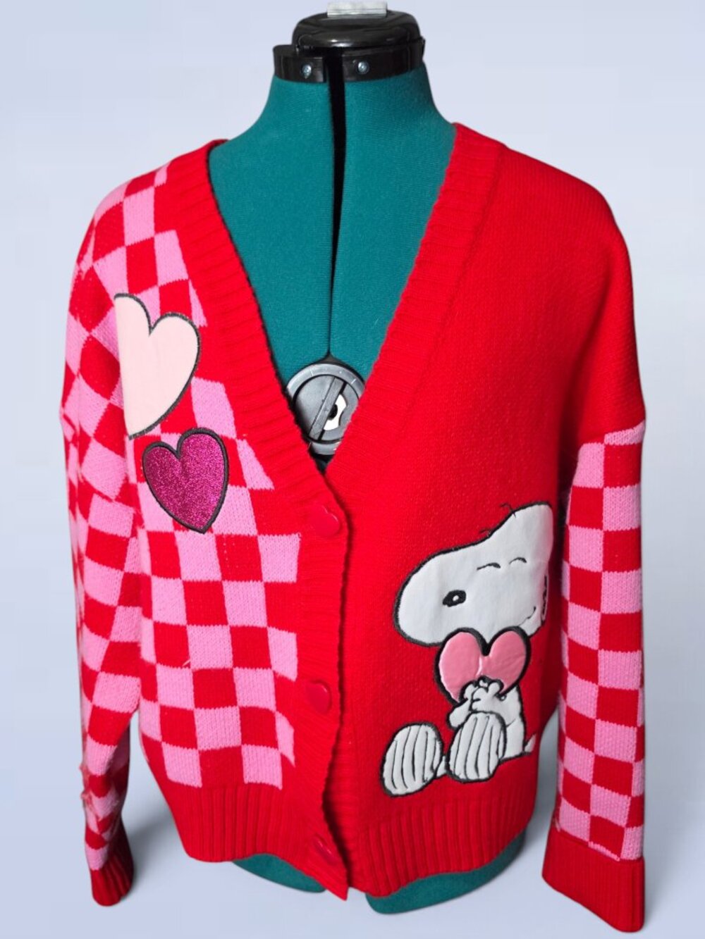 Snoopy Peanuts Valentines Day Red Checker Heart Knit Button Cardigan - Large